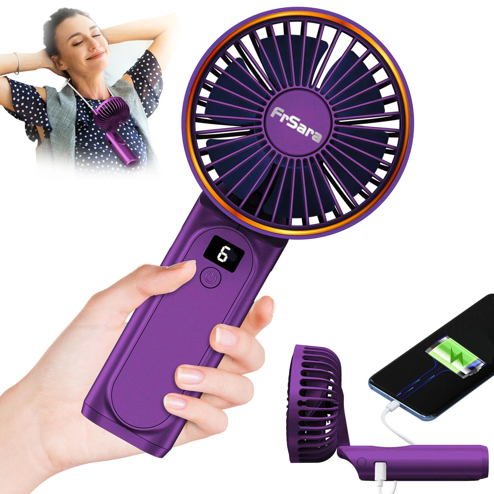 Portable Handheld Mini Fan, Neck Fan, 4000Mah Desk Fan, 180°Adjustable, 6 Speed Wind, Display Electricity in Real Time, USB Rechargeable Foldable Fan, Quiet Personal Fan with Power Bank -Purple