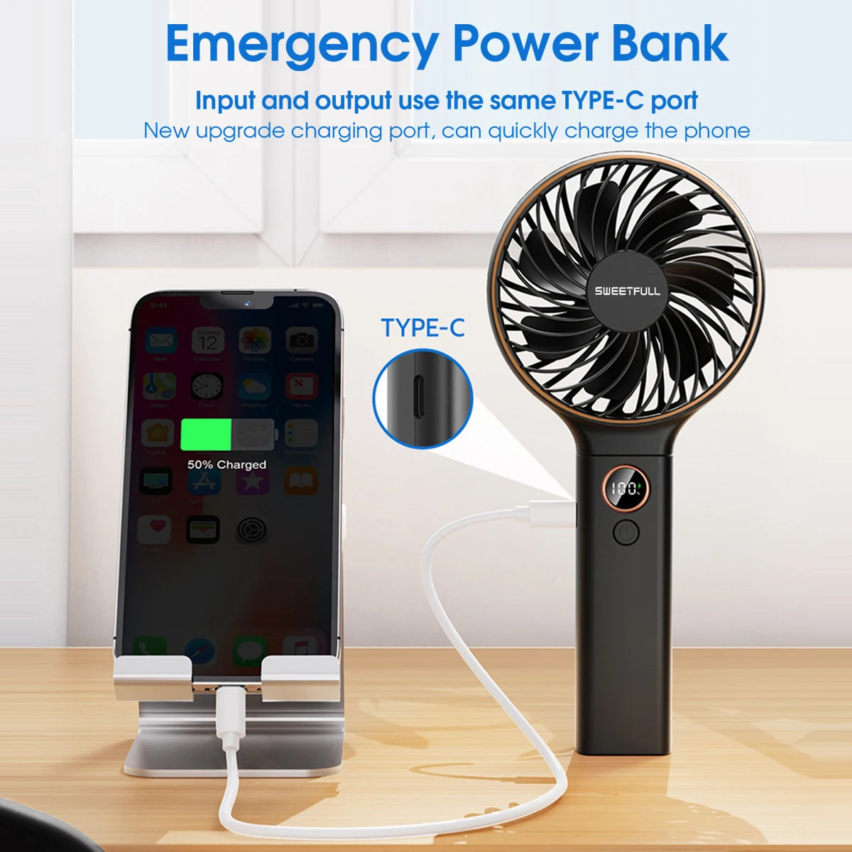Handheld Fan 4000Mah Portable Mini Fan with Backup Power Desk Fan USB Rechargeable Operated Cooling Electric Fan Travel Office