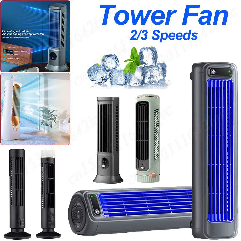 Portable Bladeless Tower Fan 2/3 Speeds Electric Fan Personal Fan Quiet Standing Fan Rechargeable Wall Mount Fan Desktop Fan New