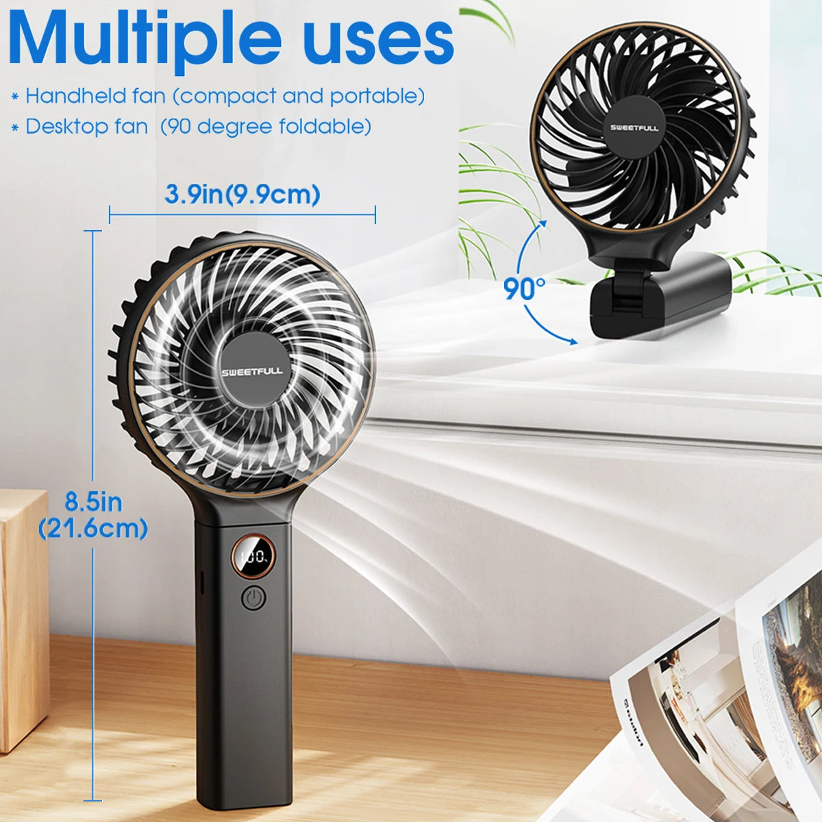 Handheld Fan 4000Mah Portable Mini Fan with Backup Power Desk Fan USB Rechargeable Operated Cooling Electric Fan Travel Office