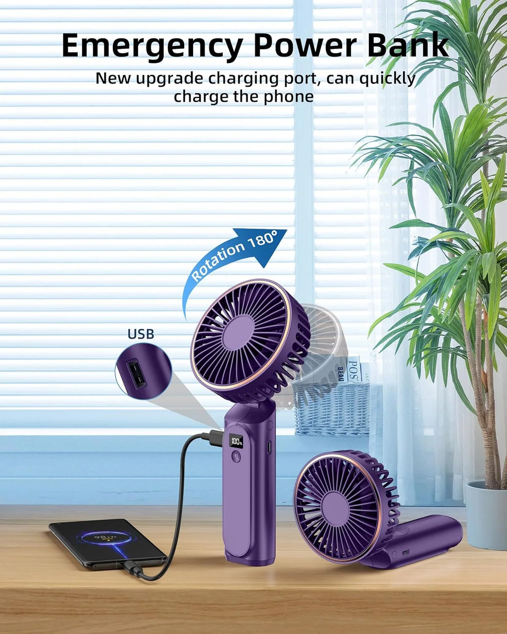 Portable Handheld Mini Fan, Neck Fan, 4000Mah Desk Fan, 180°Adjustable, 6 Speed Wind, Display Electricity in Real Time, USB Rechargeable Foldable Fan, Quiet Personal Fan with Power Bank -Purple