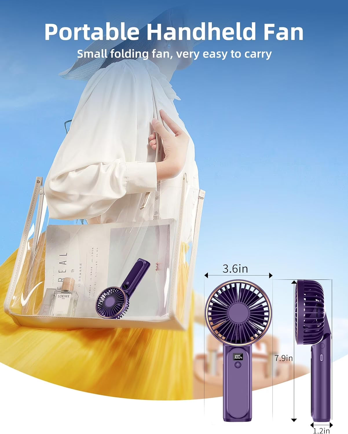 Portable Handheld Mini Fan, Neck Fan, 4000Mah Desk Fan, 180°Adjustable, 6 Speed Wind, Display Electricity in Real Time, USB Rechargeable Foldable Fan, Quiet Personal Fan with Power Bank -Purple