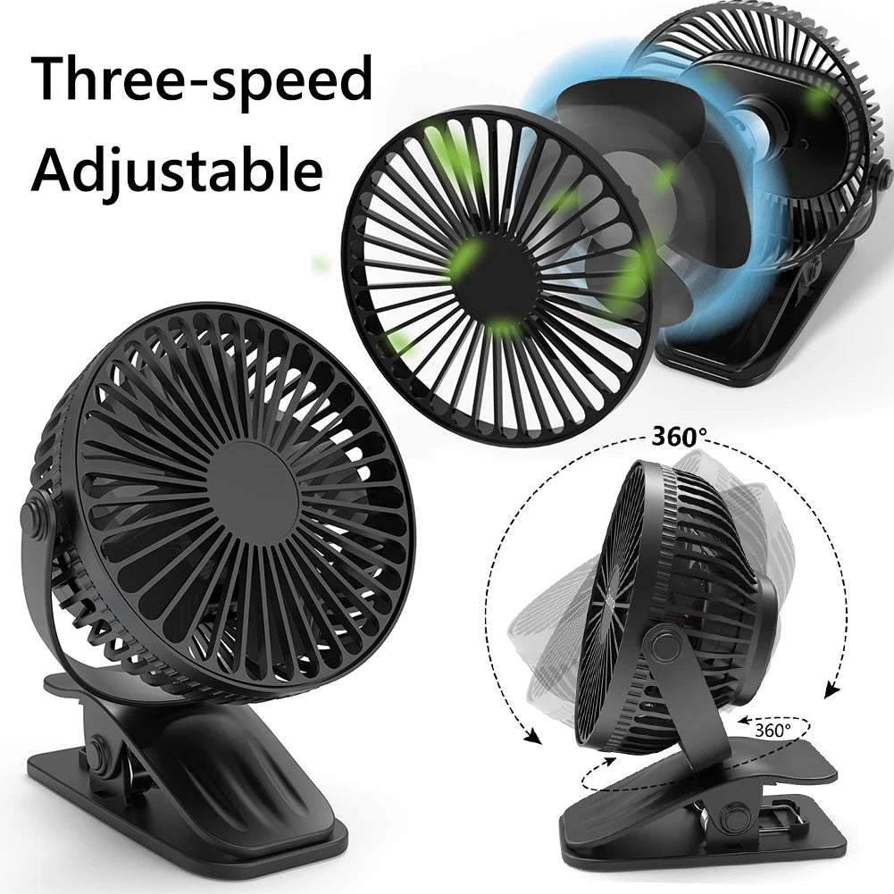 Portable Clip on Fan 3 Speeds Small Desk Fan 360 Rotate Personal Fan Baby Stroller Fan for Home Office Camping