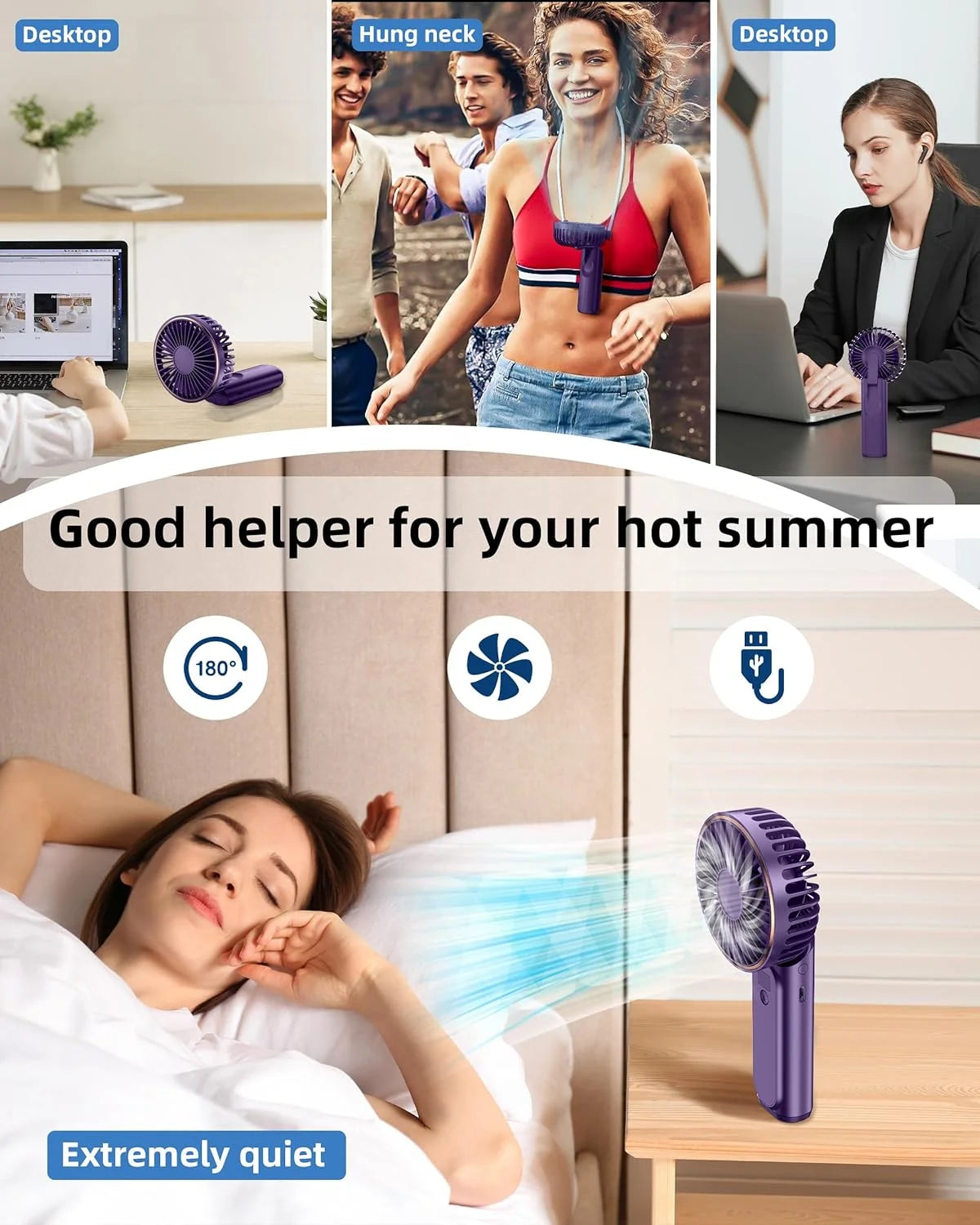 Portable Handheld Mini Fan, Neck Fan, 4000Mah Desk Fan, 180°Adjustable, 6 Speed Wind, Display Electricity in Real Time, USB Rechargeable Foldable Fan, Quiet Personal Fan with Power Bank -Purple