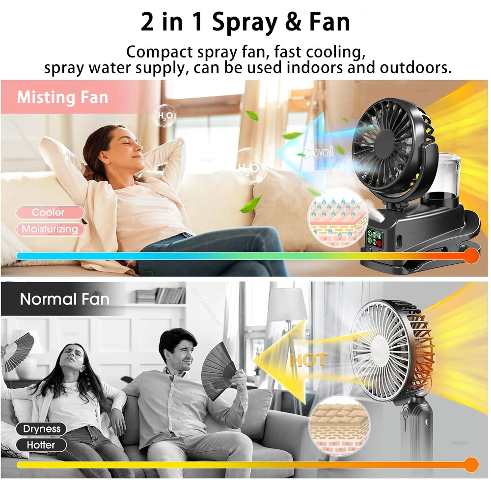 Portable Clip Fan Rechargeable Desktop Fan Wireless Ceiling Electric Fan Mini Spray Mister Humidifier Fan 360° Rotating Clip Fan