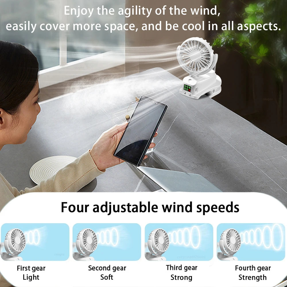 Portable Clip Fan Rechargeable Desktop Fan Wireless Ceiling Electric Fan Mini Spray Mister Humidifier Fan 360° Rotating Clip Fan