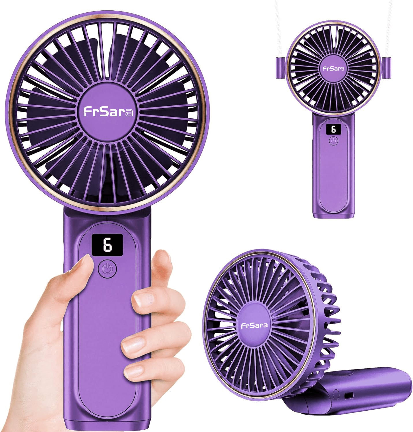 Portable Handheld Mini Fan, Neck Fan, 4000Mah Desk Fan, 180°Adjustable, 6 Speed Wind, Display Electricity in Real Time, USB Rechargeable Foldable Fan, Quiet Personal Fan with Power Bank -Purple