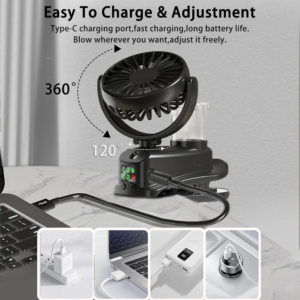 Portable Clip Fan Rechargeable Desktop Fan Wireless Ceiling Electric Fan Mini Spray Mister Humidifier Fan 360° Rotating Clip Fan