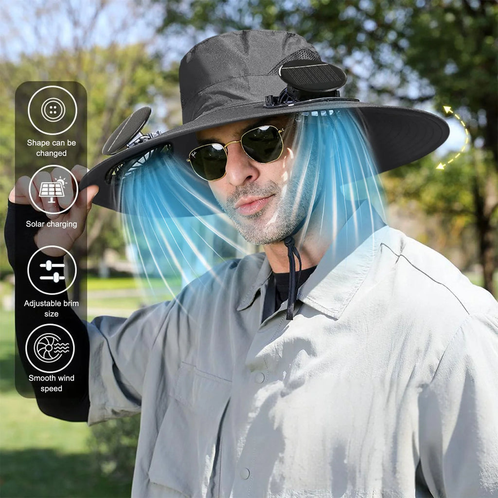 Solar Fan Hat,Solar Powered Fan Hat,Wide Brim Solar Fan Hat Outdoor Wide Brim Sun Hat Solar Panel Fan Hat Solar Hat with Built in Fan with 2 Solar Fan Fishing Hat for Men - Removable & Usb Charging
