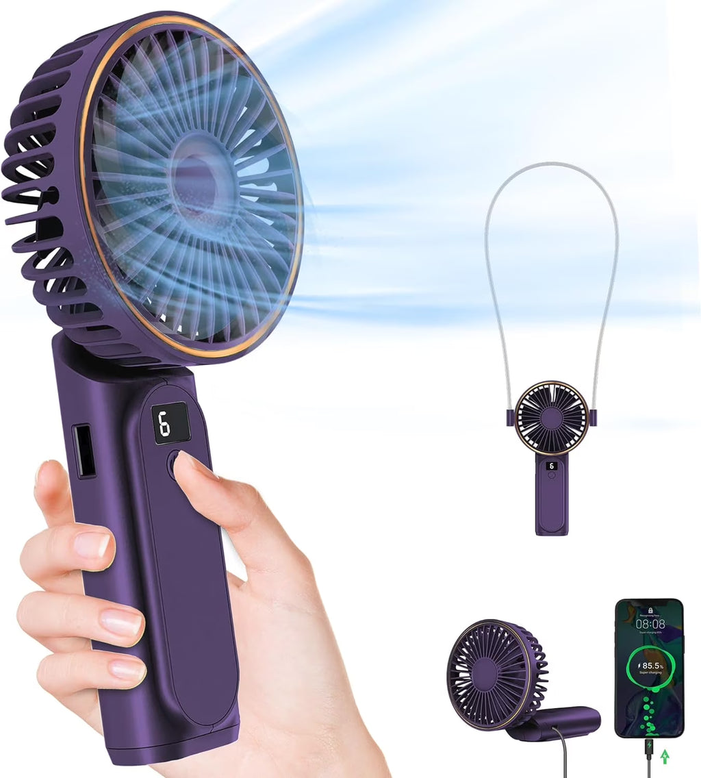 Portable Handheld Mini Fan, Neck Fan, 4000Mah Desk Fan, 180°Adjustable, 6 Speed Wind, Display Electricity in Real Time, USB Rechargeable Foldable Fan, Quiet Personal Fan with Power Bank -Purple